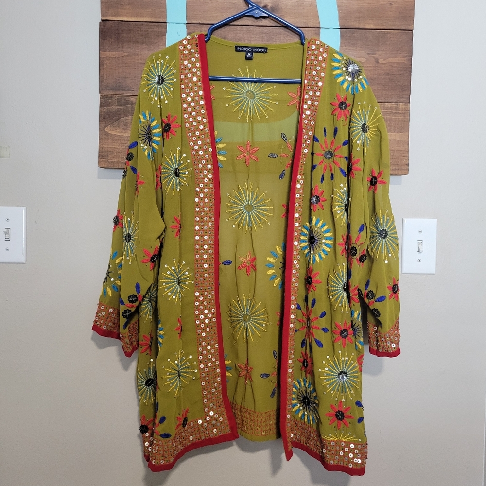 Indigo Moon Embroidered Sequence Green Sheer Chiffon Open Cardigan Medium